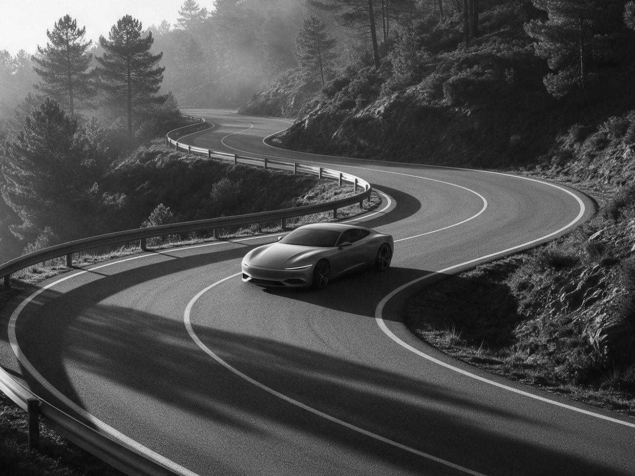 Yol · İki kapılı gran turismo coupé, sisli dağ yolunun virajında, siyah-beyaz