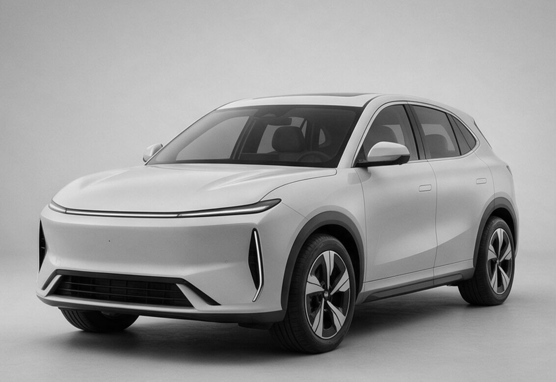 Ön · Izgarasız elektrikli crossover, önden çapraz görünüm, açık gri stüdyo
